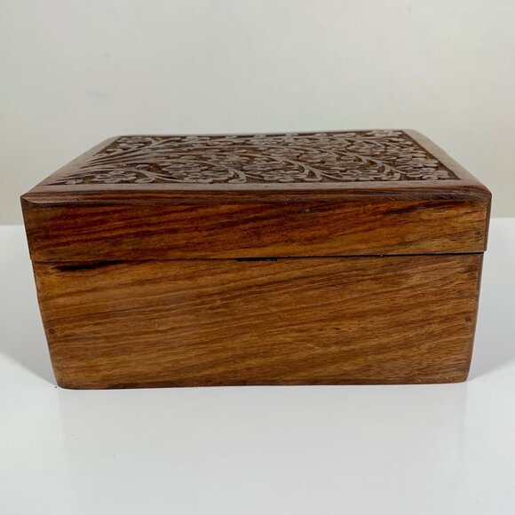 Intricate Floral Cherry Blossom Hand Carved Wooden Keepsake Storage Box Urn VTG - Picture 2 of 11